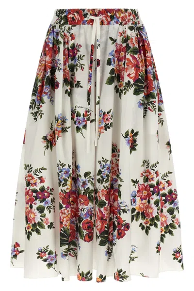 Dolce & Gabbana White Long Skirt With Floral Print And Elasticated Waistband In Cotton Woman