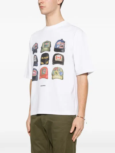 Dsquared2 Men White T-shirt With Front Print And Back Logo In Cotton Man In White
