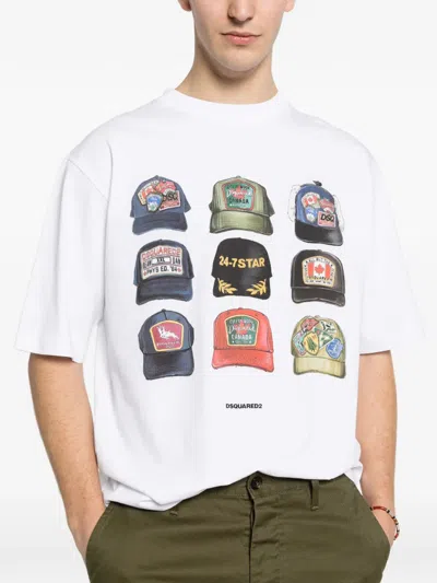 Dsquared2 Men White T-shirt With Front Print And Back Logo In Cotton Man In White
