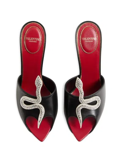 Valentino Garavani 105mm Strass Snake Leather Mule Pumps In Black