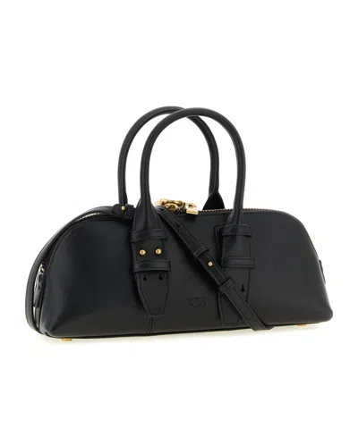 Pinko Bowling Bag Horizontal Black Handbag With Adjustable And Removable Shoulder Strap And Padlock Detail
