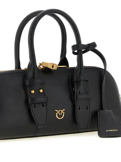 Pinko Bowling Bag Horizontal Black Handbag With Adjustable And Removable Shoulder Strap And Padlock Detail