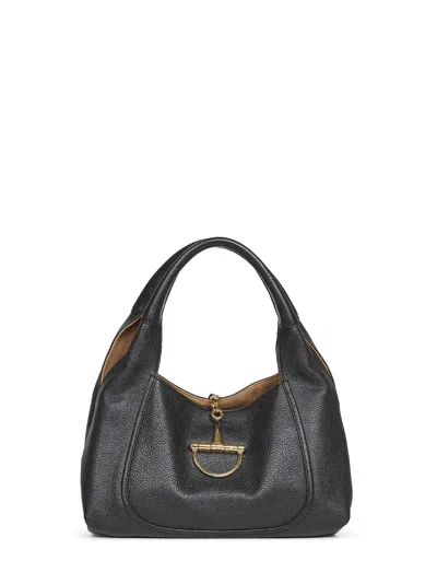 Gucci Women Black Shoulder Bag With Horsebit Closure In Grained Leather Woman In Black