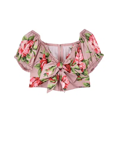 Dolce & Gabbana Pink Crop Top With Floral Print And Double Knot In Cotton Woman In Brown