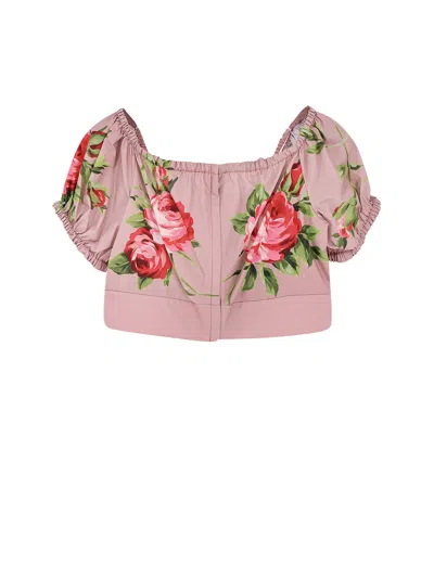 Dolce & Gabbana Pink Crop Top With Floral Print And Double Knot In Cotton Woman In Brown