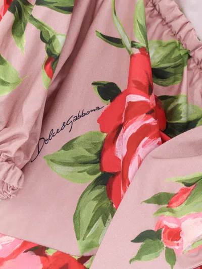 Dolce & Gabbana Pink Crop Top With Floral Print And Double Knot In Cotton Woman In Brown