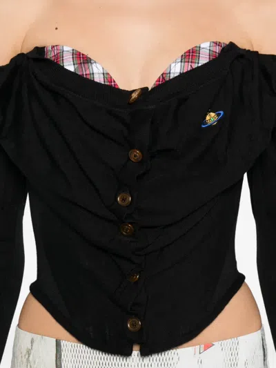 Vivienne Westwood Bea Checked Cotton-trimmed Embroidered Wool And Silk-blend Cardigan In Black