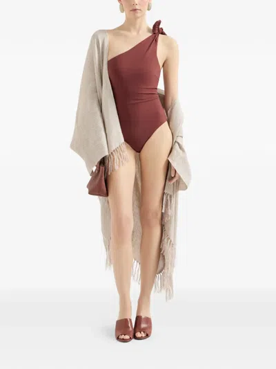 Brunello Cucinelli One Shoulder Swimsuit High Cut Embellished Knot In Brown