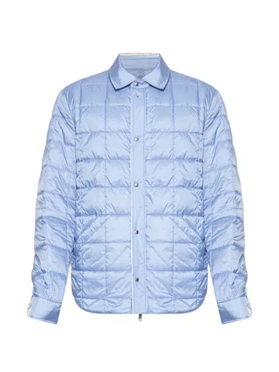 Moncler Cotton Blend Reversible Crescent Down Shirt In Blue
