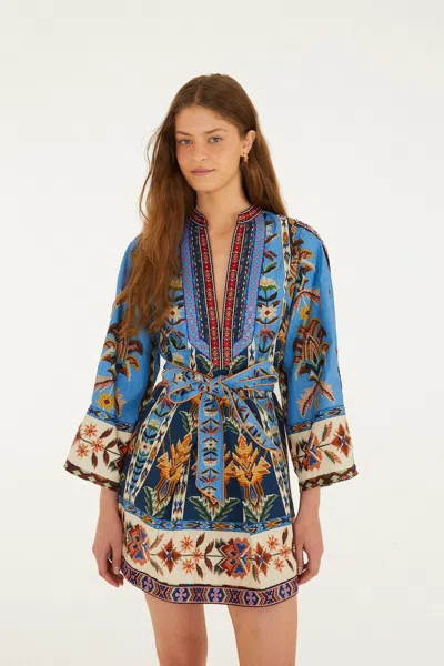 Farm Rio Blue Dress With V-neck And All-over Floral Motif In Fabric Woman In Multi