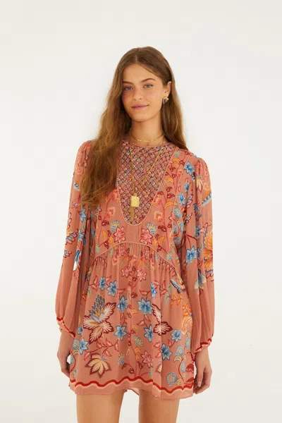 Farm Rio Boho Enchance Long Sleeve Floral Minidress In Brown