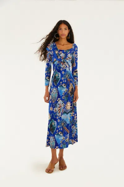 Farm Rio Blue Mystical Draped Long Sleeve Maxi Dress | ModeSens