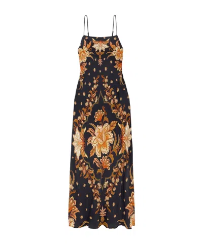 Farm Rio Black Majestic Garden Lenzing Ecovero Viscose Slip Maxi Dress In Multi