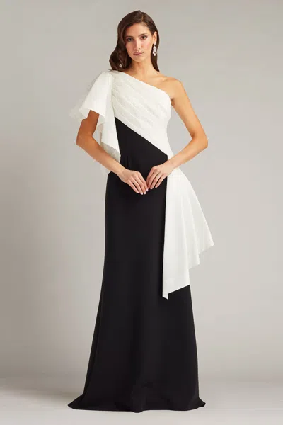 Tadashi Shoji Draped One-shoulder Mixed Media Gown In Black