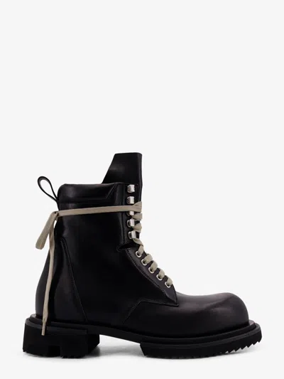 Rick Owens Low Army Black Ankle Boots With Decorative Oversize Laces And Lug Sole In Leather Man In Black
