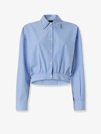 Pinko Charita Light Blue Shirt With Embellished Classic Collar And All-over Striped Motif In Cotton Woman