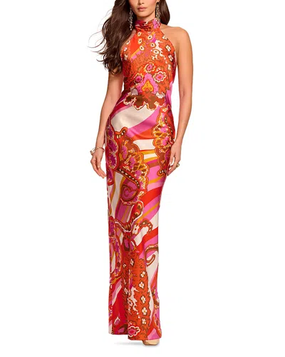 Ramy Brook Tatiana Mixed Print Stretch Silk Halter Neck Gown In Orange