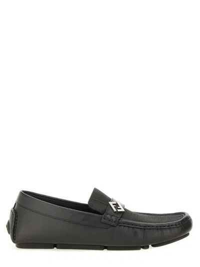 Fendi Round Toe Textured Leather Loafers In Black