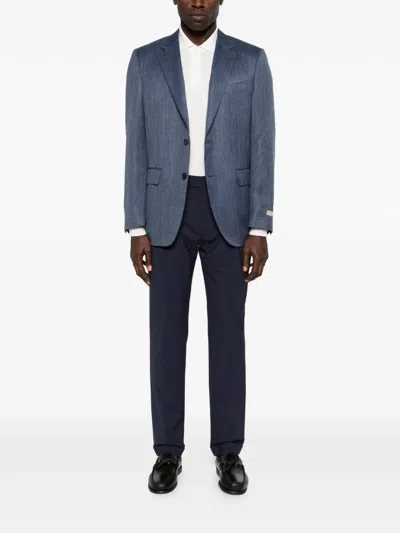 Canali Patterned Notched Lapel Jacket In Blue