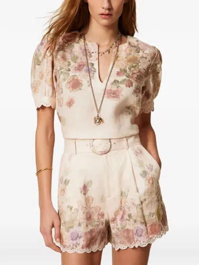 Twinset Beige Shorts With Floral Print And Waist Belt In Linen Woman In Neutral