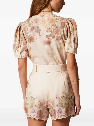 Twinset Beige Shorts With Floral Print And Waist Belt In Linen Woman In Neutral