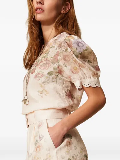 Twinset Beige Shorts With Floral Print And Waist Belt In Linen Woman In Neutral