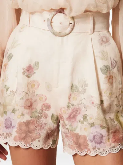 Twinset Beige Shorts With Floral Print And Waist Belt In Linen Woman In Neutral