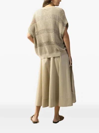 Brunello Cucinelli Openwork Knit Crewneck Top With Micro Sequins In Neutral
