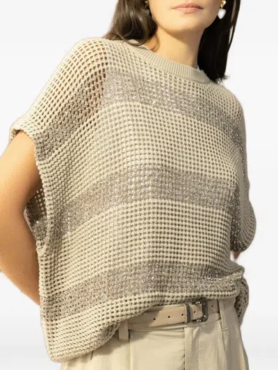 Brunello Cucinelli Openwork Knit Crewneck Top With Micro Sequins In Neutral