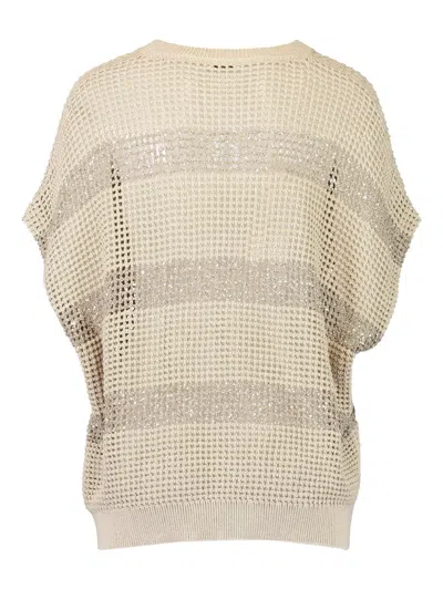 Brunello Cucinelli Openwork Knit Crewneck Top With Micro Sequins In Neutral