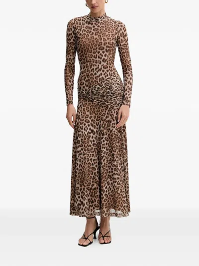 Bardot Lea Leopard Print Long Sleeve Mesh Midi Dress In Brown