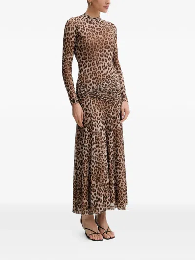 Bardot Lea Leopard Print Long Sleeve Mesh Midi Dress In Brown