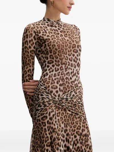 Bardot Lea Leopard Print Long Sleeve Mesh Midi Dress In Brown