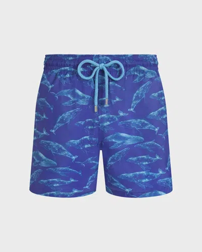 Vilebrequin Men Long Ultra-light And Packable Swim Shorts Sparkling Whales In Blue
