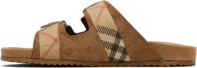 Burberry Check Pattern Flat Sandals Dual Straps In Brown