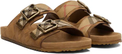 Burberry Check Pattern Flat Sandals Dual Straps In Brown