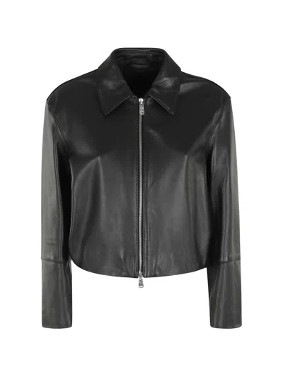 Dondup Long-sleeved Leather Jacket In Black