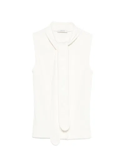 Lemaire Tie-neck Ribbed Stretch-cotton And Linen-blend Jersey Top In White