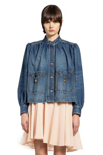 Chloé Blue Jacket With High Neck And Chain Detail On The Front In Denim Woman