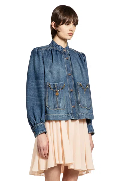 Chloé Blue Jacket With High Neck And Chain Detail On The Front In Denim Woman
