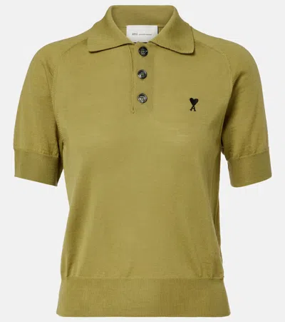 Ami Alexandre Mattiussi Green Wool Short Sleeves Ami De Coeur Polo Green