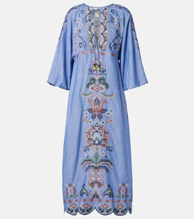 Farm Rio Blue Crew Neck Dress With Knot Closure And All-over Embroidery In Fabric Woman