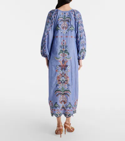 Farm Rio Blue Crew Neck Dress With Knot Closure And All-over Embroidery In Fabric Woman