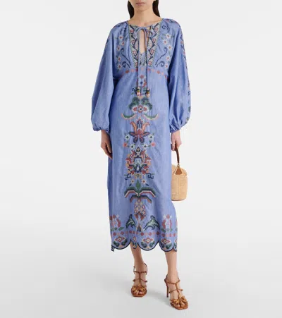 Farm Rio Blue Crew Neck Dress With Knot Closure And All-over Embroidery In Fabric Woman