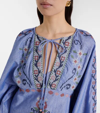 Farm Rio Blue Crew Neck Dress With Knot Closure And All-over Embroidery In Fabric Woman