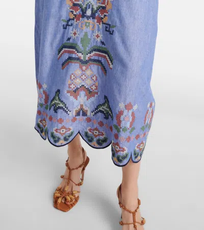 Farm Rio Blue Crew Neck Dress With Knot Closure And All-over Embroidery In Fabric Woman