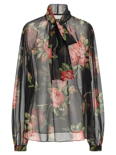 Dolce & Gabbana Rose Bouquet-print Silk Chiffon Neck-tie Blouse In Black