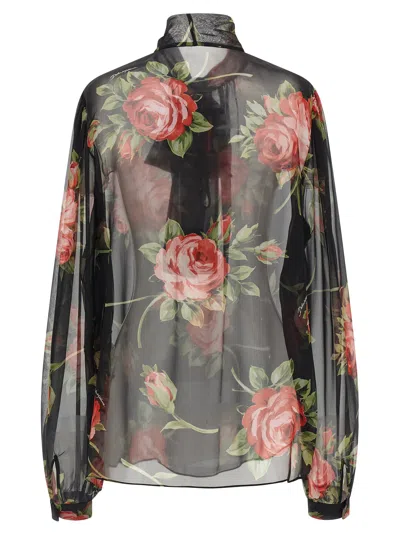Dolce & Gabbana Rose Bouquet-print Silk Chiffon Neck-tie Blouse In Black