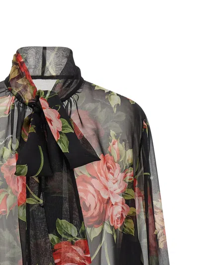 Dolce & Gabbana Rose Bouquet-print Silk Chiffon Neck-tie Blouse In Black