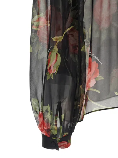 Dolce & Gabbana Rose Bouquet-print Silk Chiffon Neck-tie Blouse In Black